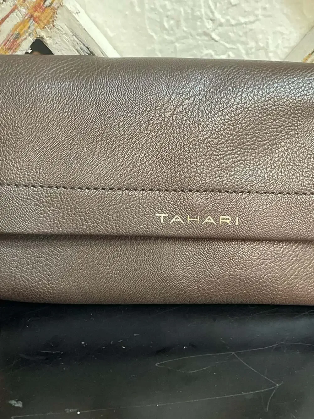 Tahari Brown Pebbled Leather RFID Wallet Clutch with Removable Leopard Pouch